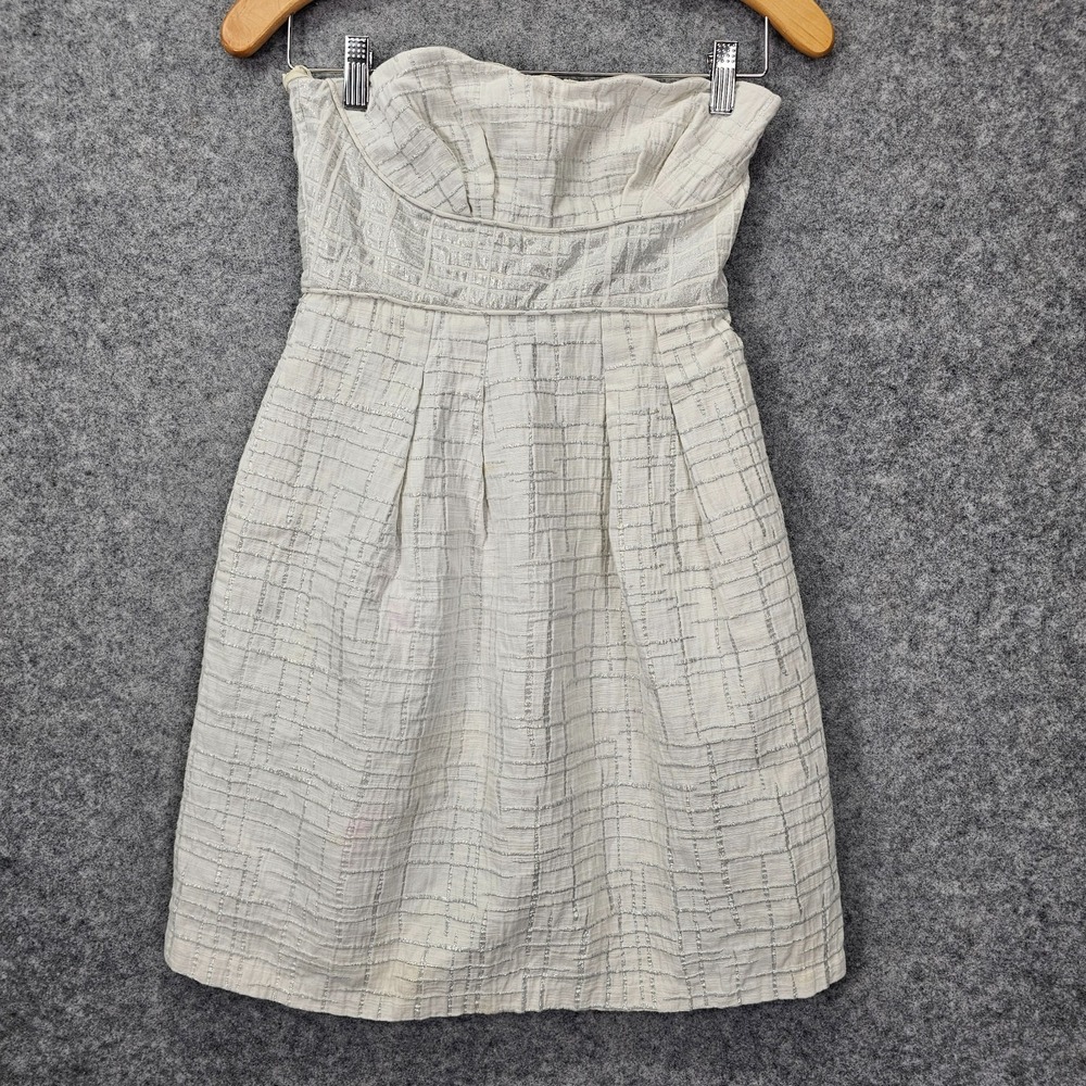 ADELE FADO Mini Dress Womens 38 XS White Metallic Plaid Strapless Cocktail ITALY